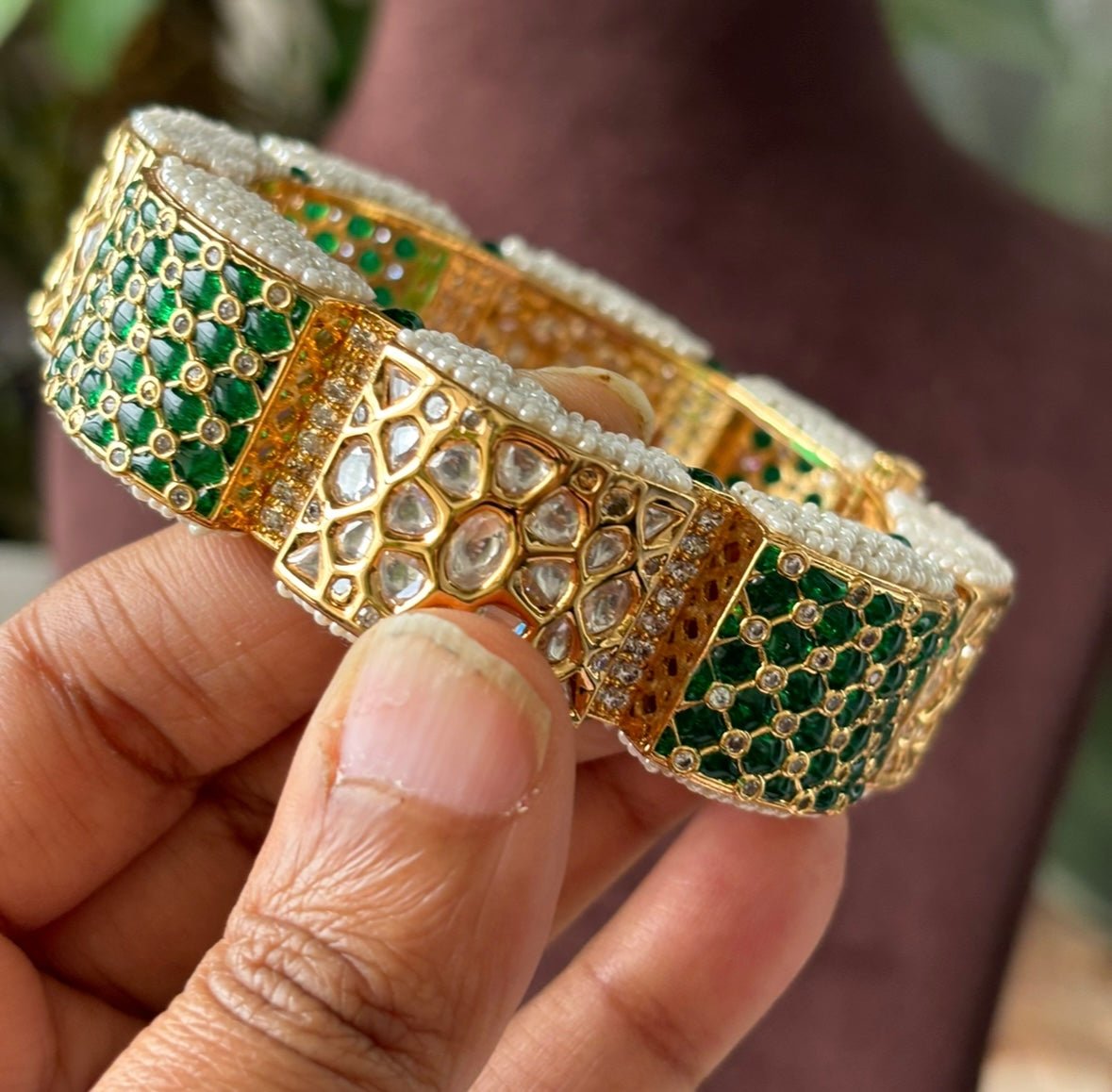 Gold Finished Green Meenakari Kadas With Kundan Polki Work - MR Jewels