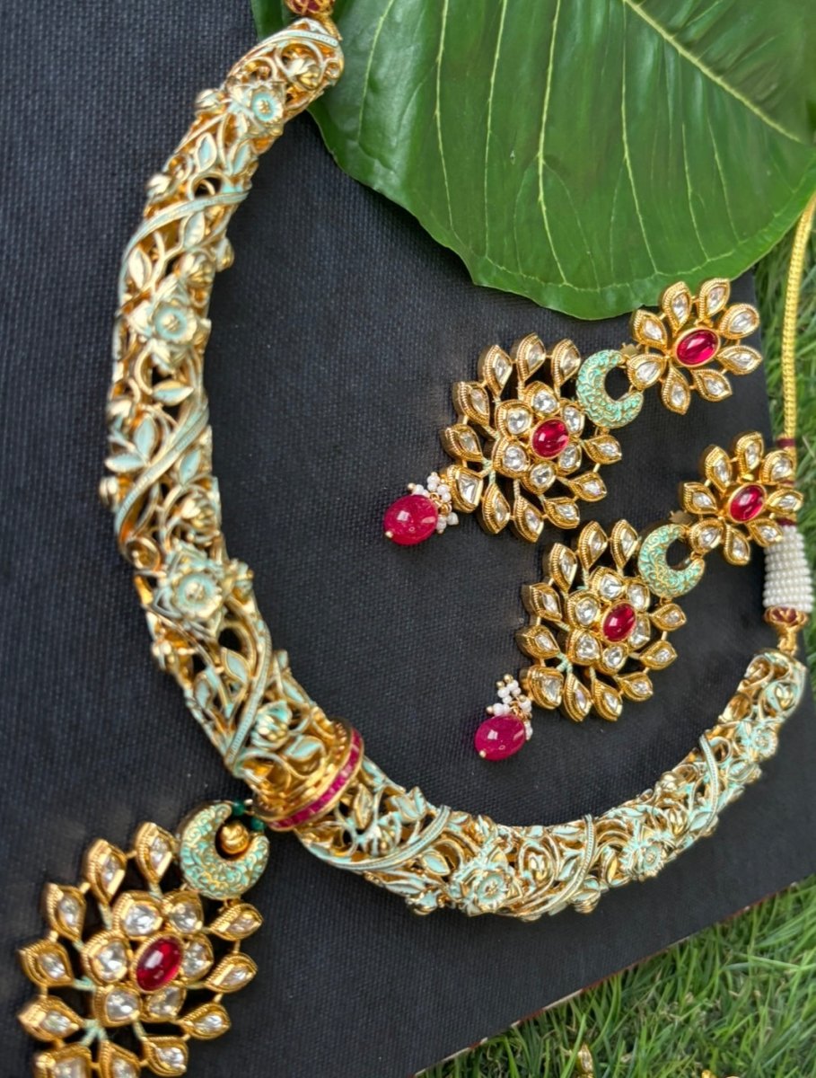 Royal Enamel & Ruby Vilandi Micron Gold Hasli Necklace Set - MR Jewels