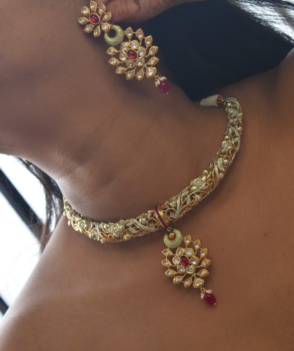 Royal Enamel & Ruby Vilandi Micron Gold Hasli Necklace Set - MR Jewels