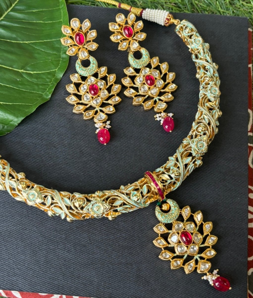 Royal Enamel & Ruby Vilandi Micron Gold Hasli Necklace Set - MR Jewels
