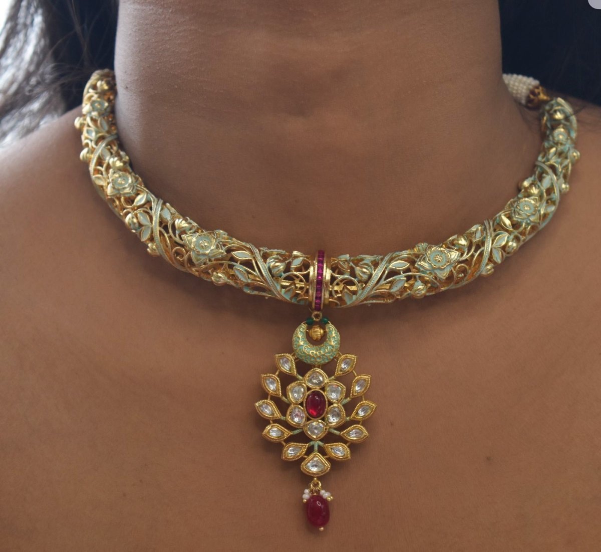 Royal Enamel & Ruby Vilandi Micron Gold Hasli Necklace Set - MR Jewels