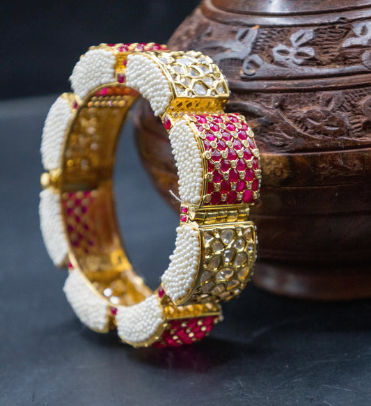 Gold Finished Green Meenakari Kadas With Kundan Polki Work
