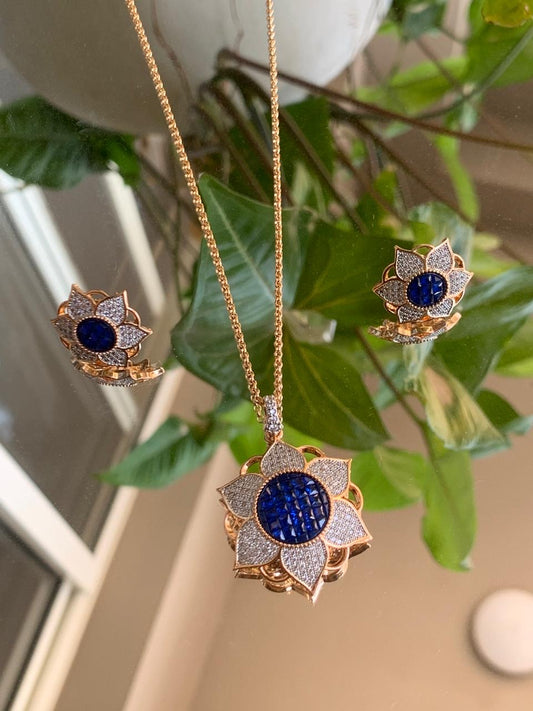 Sapphire Bloom Pendant Set- Gold-Plated Floral Jewelry