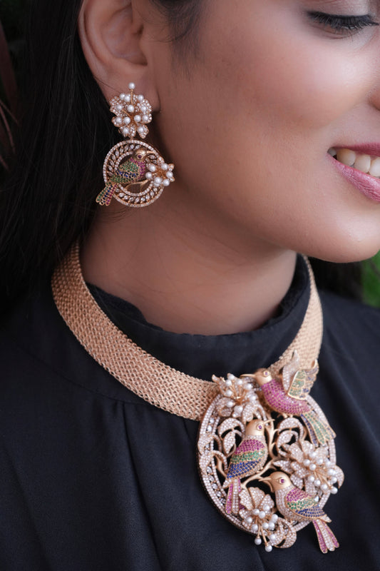 Micron Gold Plated Bird Designer Statement  Necklace Set