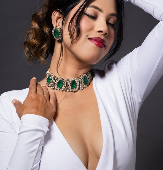 Meher Emerald Choker Necklace with studs