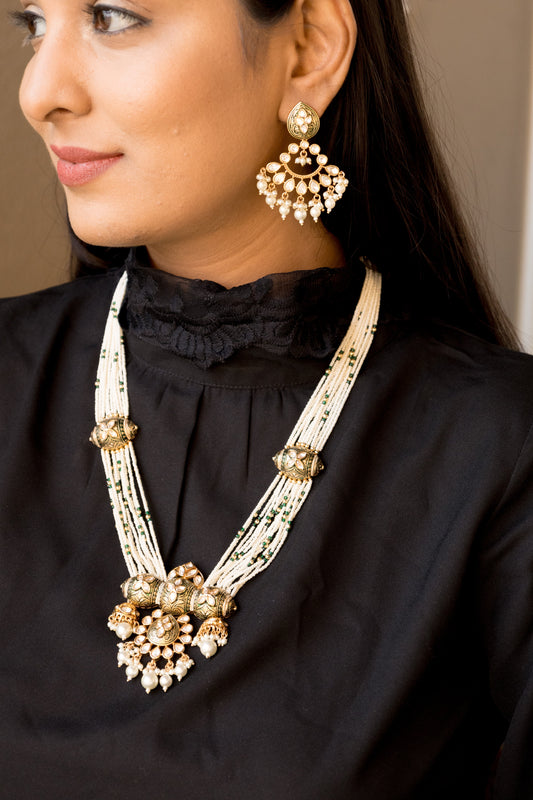 Ruhani Handcrafted Pearl Rajwadi Long Necklace Set with matching earrings