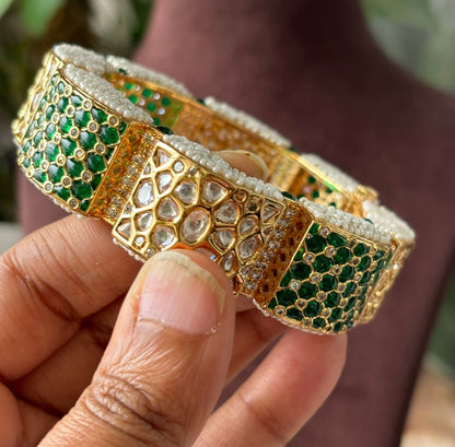 Gold Finished Green Meenakari Kadas With Kundan Polki Work - MR Jewels